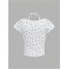 imageGirls Ditsy Floral Print Bow Lace T Shirt Short Sleeve Halter V Neck Ruched Tee ShirtWhite