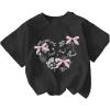 imageGirls Graphic Tees Short Sleeve Bow Print Tee Tops Crew Neck Drop Shoulder Casual Summer T ShirtsBlack Bow