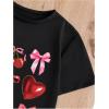 imageGirls Graphic Tees Short Sleeve Bow Print Tee Tops Crew Neck Drop Shoulder Casual Summer T ShirtsHeart Black