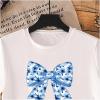 imageGirls Graphic Tees Short Sleeve Bow Print Tee Tops Crew Neck Drop Shoulder Casual Summer T ShirtsWhite Blue Bow