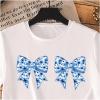 imageGirls Graphic Tees Short Sleeve Bow Print Tee Tops Crew Neck Drop Shoulder Casual Summer T ShirtsWhite Floral Bow