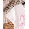 imageGirls Graphic Tees Short Sleeve Bow Print Tee Tops Crew Neck Drop Shoulder Casual Summer T ShirtsWhite Pink Bow