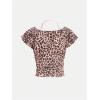 imageGirls Leopard Print Bow T Shirt Halter Short Sleeve Fitted Ruched Y2K Tee TopsBrown