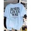 imageGirls Letter Print T Shirt Half Sleeve Drop Shoulder Crew Neck Oversized Tee TopsPatterned Blue