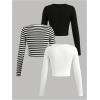 imageGirls Long Sleeve Shirts Crew Nekc Slim Fitted Tight Fall Basic Tees Cute Crop Tops for GirlsBlack and White