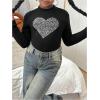 imageGirls Rhinestone Heart Graphic Tee Tops Mock Neck Long Sleeve Glitter Fall T ShirtBlack