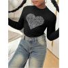 imageGirls Rhinestone Heart Graphic Tee Tops Mock Neck Long Sleeve Glitter Fall T ShirtBlack