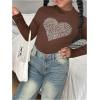 imageGirls Rhinestone Heart Graphic Tee Tops Mock Neck Long Sleeve Glitter Fall T ShirtBrown