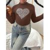 imageGirls Rhinestone Heart Graphic Tee Tops Mock Neck Long Sleeve Glitter Fall T ShirtBrown