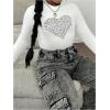 imageGirls Rhinestone Heart Graphic Tee Tops Mock Neck Long Sleeve Glitter Fall T ShirtWhite