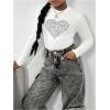 imageGirls Rhinestone Heart Graphic Tee Tops Mock Neck Long Sleeve Glitter Fall T ShirtWhite