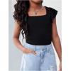 imageGirls Ruffle Flutter Sleeve Square Neck T Shirts Slim Fit Ribbed Knit Tee Summer TopsBlack
