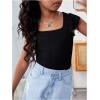 imageGirls Ruffle Flutter Sleeve Square Neck T Shirts Slim Fit Ribbed Knit Tee Summer TopsBlack