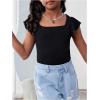 imageGirls Ruffle Flutter Sleeve Square Neck T Shirts Slim Fit Ribbed Knit Tee Summer TopsBlack