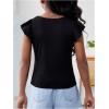 imageGirls Ruffle Flutter Sleeve Square Neck T Shirts Slim Fit Ribbed Knit Tee Summer TopsBlack