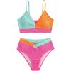 imageGirls 2 Piece Swimsuit Color Block Ribbed Spaghetti Strap High Cut Cute Bikini Bathing SuitMulticolor