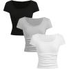 imageGirls 3 Pack T Shirts Tops Scoop Neck Slim Fit Ruched Basic Crop Tops Summer Clothes for GirlsBlack and White