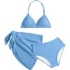 imageGirls 3 Piece High Wisted Bikini Set Backless Halter Bathing Suit Swimsuit Set with Cover Up SkirtsLight Blue