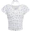 imageGirls Ditsy Floral Print Bow Lace T Shirt Short Sleeve Halter V Neck Ruched Tee ShirtWhite