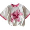 imageGirls Graphic Print Tee Shirt Round Neck Short Sleeve T Shirts Summer Cute Trendy TopsPink and White
