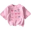 imageGirls Graphic Tees Short Sleeve Bow Print Tee Tops Crew Neck Drop Shoulder Casual Summer T ShirtsPink