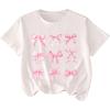 imageGirls Graphic Tees Short Sleeve Bow Print Tee Tops Crew Neck Drop Shoulder Casual Summer T ShirtsWhite Pink Bow