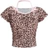 imageGirls Leopard Print Bow T Shirt Halter Short Sleeve Fitted Ruched Y2K Tee TopsBrown