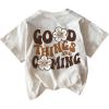 imageGirls Letter Graphic Tees Short Sleeve Crew Neck TShirts Loose Cute TopsBrown and White