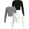 imageGirls Long Sleeve Shirts Crew Nekc Slim Fitted Tight Fall Basic Tees Cute Crop Tops for GirlsBlack and White