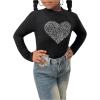 imageGirls Rhinestone Heart Graphic Tee Tops Mock Neck Long Sleeve Glitter Fall T ShirtBlack