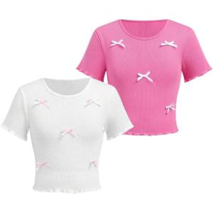 imageGirls 2 Pack Bowknot Ribbed T Shirt Short Sleeve Crew Neck Slim Fit Tee TopsMulticolor
