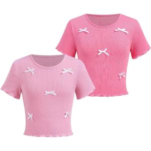 imageGirls 2 Pack Bowknot Ribbed T Shirt Short Sleeve Crew Neck Slim Fit Tee TopsWatermelon Pink