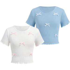 imageGirls 2 Pack Bowknot Ribbed T Shirt Short Sleeve Crew Neck Slim Fit Tee TopsWhite and Blue