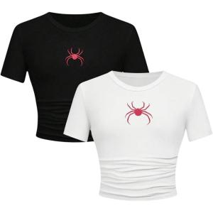imageGirls 2 Packs Graphic Tees Short Sleeve Crew Neck Crop Tops Slim Fit Summer Cute TeesBlack White