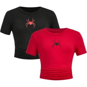 imageGirls 2 Packs Graphic Tees Short Sleeve Crew Neck Crop Tops Slim Fit Summer Cute TeesRed Black