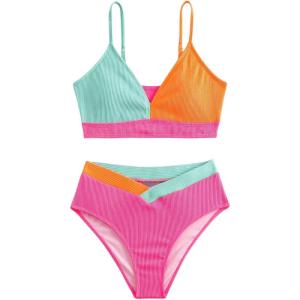 imageGirls 2 Piece Swimsuit Color Block Ribbed Spaghetti Strap High Cut Cute Bikini Bathing SuitMulticolor