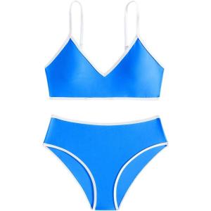 imageGirls 2 Piece Swimsuit Sets Spaghetti Strap Two Tone Bathing Suit Cute Vacation V Neck SwimwearBlue and White