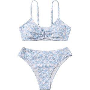 imageGirls 2 Piece Swimsuits Floral Spaghetti Strap O Ring Bathing Suit Cute Bikini SetsBlue and White