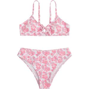 imageGirls 2 Piece Swimsuits Floral Spaghetti Strap O Ring Bathing Suit Cute Bikini SetsPink