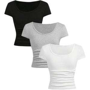imageGirls 3 Pack T Shirts Tops Scoop Neck Slim Fit Ruched Basic Crop Tops Summer Clothes for GirlsBlack and White