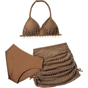 imageGirls 3 Piece Bikini Set Hollow Crochet Halter Cute Swimsuit Bathing Suit with Beach SkirtsCoffee Brown