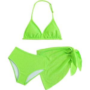 imageGirls 3 Piece High Wisted Bikini Set Backless Halter Bathing Suit Swimsuit Set with Cover Up SkirtsGreen