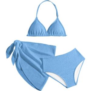 imageGirls 3 Piece High Wisted Bikini Set Backless Halter Bathing Suit Swimsuit Set with Cover Up SkirtsLight Blue