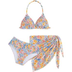 imageGirls 3 Piece High Wisted Bikini Set Backless Halter Bathing Suit Swimsuit Set with Cover Up SkirtsMulticolor