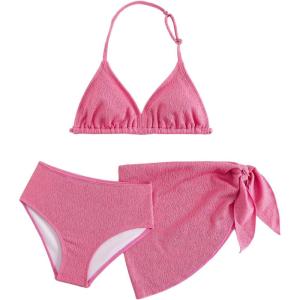 imageGirls 3 Piece High Wisted Bikini Set Backless Halter Bathing Suit Swimsuit Set with Cover Up SkirtsPink