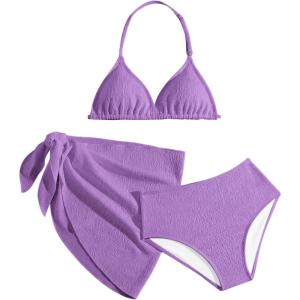 imageGirls 3 Piece High Wisted Bikini Set Backless Halter Bathing Suit Swimsuit Set with Cover Up SkirtsPurple