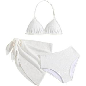 imageGirls 3 Piece High Wisted Bikini Set Backless Halter Bathing Suit Swimsuit Set with Cover Up SkirtsWhite
