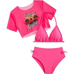imageGirls 3 Piece Swimsuit Halter Backless High Waisted Bathing Suit with Tropical Cover UpHot Pink