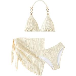 imageGirls 3 Piece Swimsuit Textured Halter Triangle Cute Bikini Bathing Suit with Cover Up Beach SkirtBeige