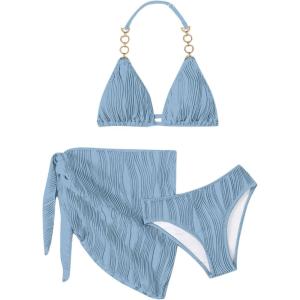 imageGirls 3 Piece Swimsuit Textured Halter Triangle Cute Bikini Bathing Suit with Cover Up Beach SkirtBlue